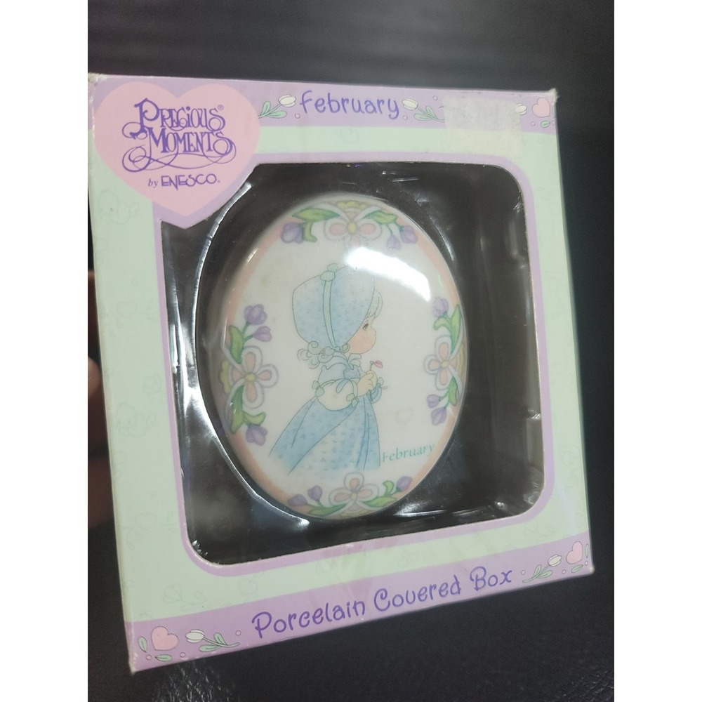 Vintage Precious Moments February Porcelain Trinket Box Enesco Small 90s